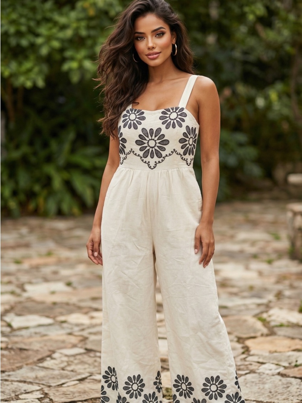 🌟B540. Stylish Chic Wide-Leg Jumpsuit with Black Floral Embroidery